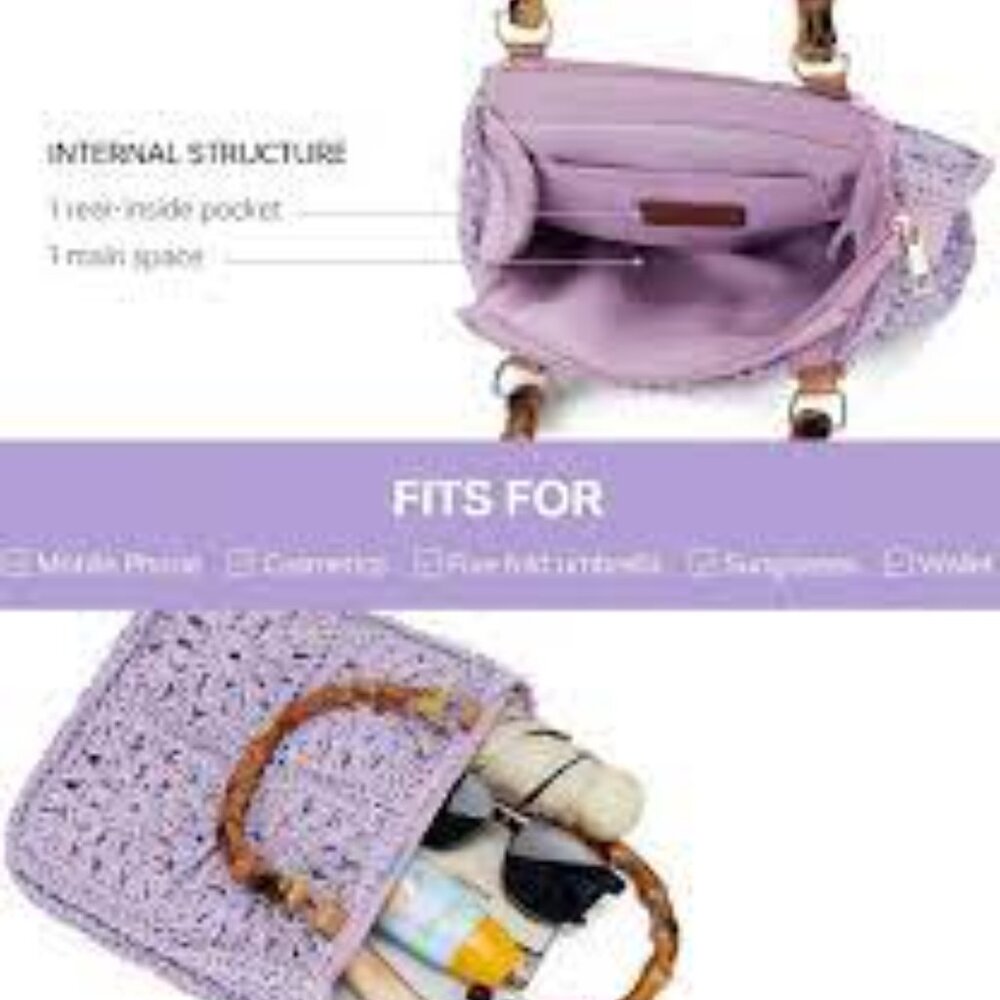 Lilac Crochet Handbag with Bamboo Handles – Boho Summer Shoulder Purse - Picture 2 of 4